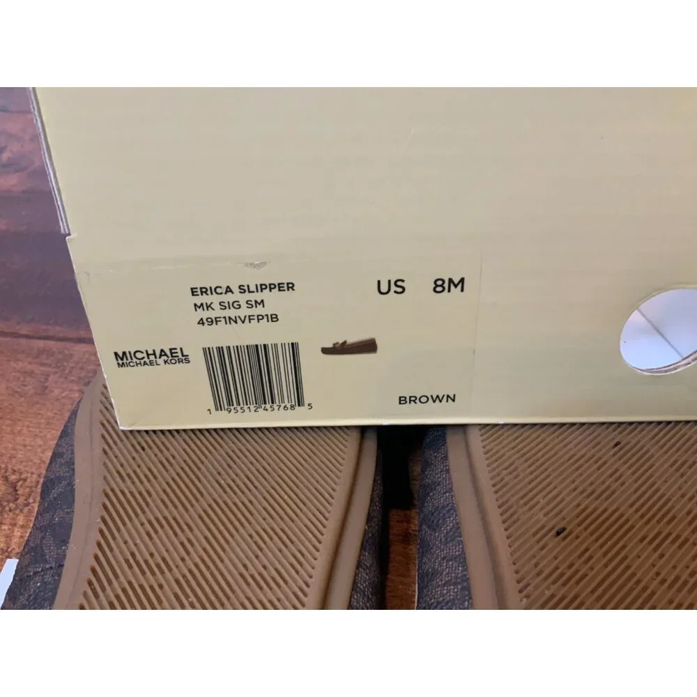 Michael Kors Erica Brown Leather Shearling Lined Logo Flats Slippers, Size 8